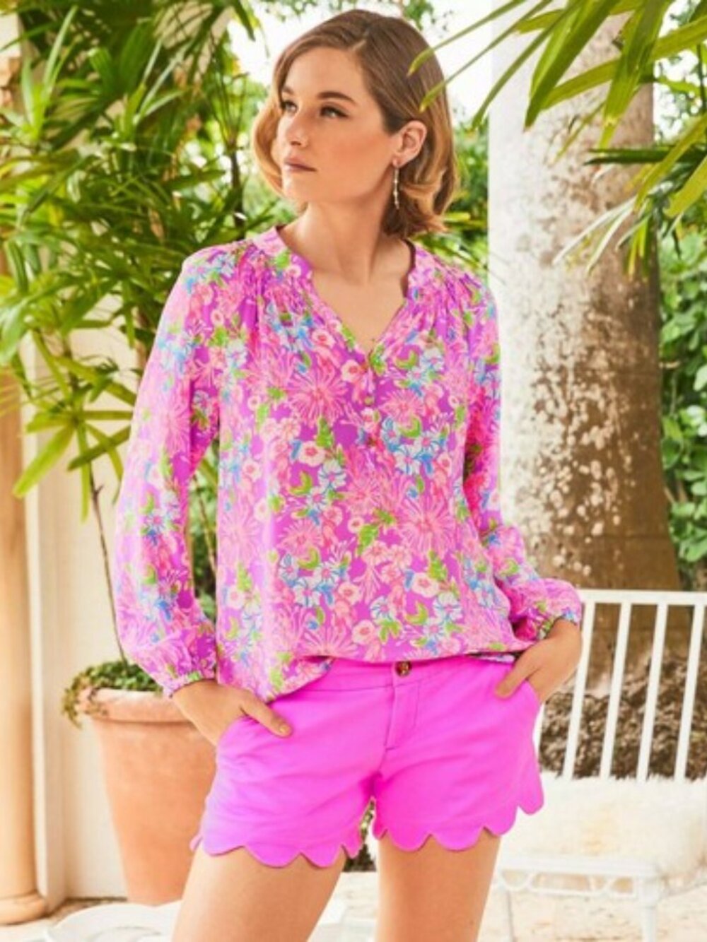 Lilly Pulitzer Elsa Silk Long Sleeve Floral Pink 1/2 V-Neck Women’s XS Blouse